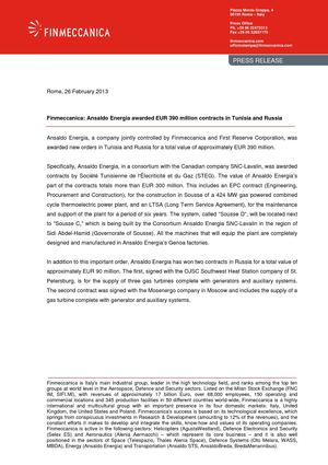 Finmeccanica: Ansaldo Energia awarded EUR 390 million contracts in Tunisia and Russia
