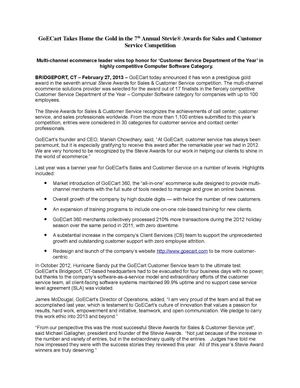 GoECart Takes Home the Gold in the 7th Annual Stevie® Awards for Sales and Customer Service Competition