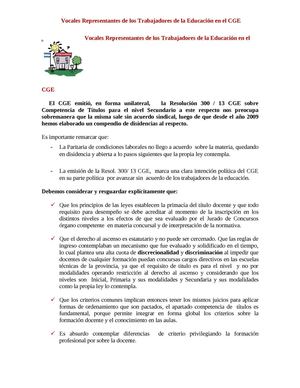 Opinon vocales de los trabajadores en el CGE sobre la Res. 300/13
