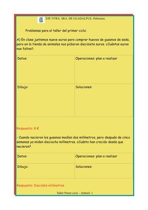 SESIÓN 13. TALLER PRIMER CICLO - INFANTIL. RESOLUCIÓN DE PROBLEMAS.