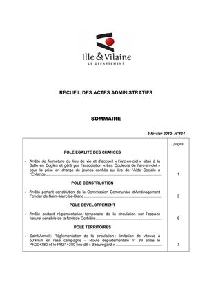 Ille-et-Vilaine - Recueil N° 434 : décisions de la CP du 28/01/2013 et arrêtés