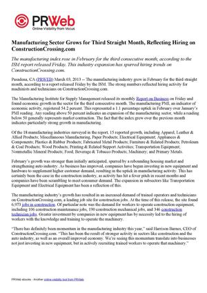 Manufacturing Sector Grows for Third Straight Month, Reflecting Hiring on ConstructionCrossing.com