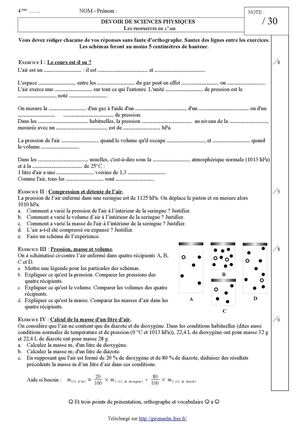 DS 2 Quatrième - Les propriétés de l'air (Version a)