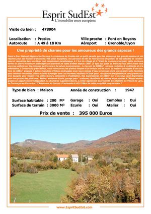 Esprit Sudest vous présente : Une propriété de charme pour les amoureux des grands espaces ! PRESLES 38680 