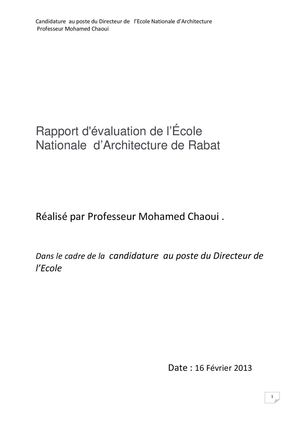 Evaluation de l’Ecole Nationale d’Architecture de Rabat ( Maroc )  depuis sa création en 1980 à ce jour ( 16 fév. 2013)
