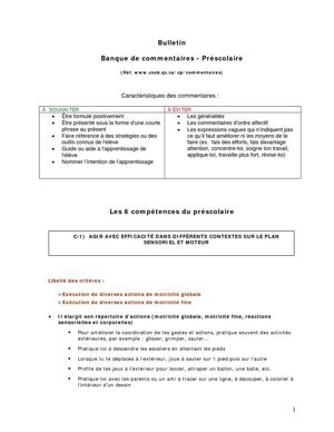 Les commentaires pour le bulletin du préscolaire