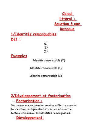 calcul littéral, équation à une inconnue"classe de Troisième"