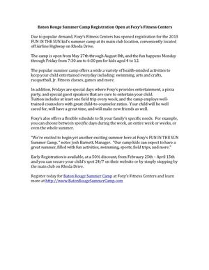 Baton Rouge Summer Camp Registration Open at Foxys Fitness Centers