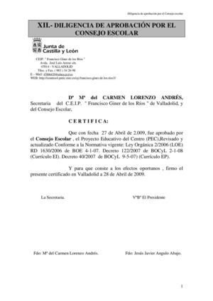 XII. Diligencia de aprobación por el Consejo Escolar