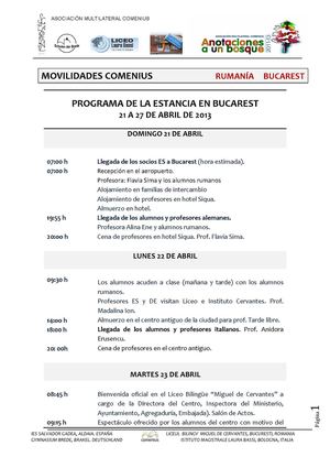 PROGRAMA MOVILIDAD IV BUCAREST ABRIL 2013 (ASOCIACIÓN COMENIUS "ANOTACIONES A UN BOSQUE")