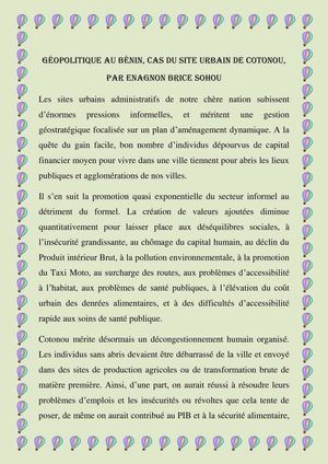 Géopolitique au Bénin, cas du site Urbain de Cotonou, par Enagnon Brice SOHOU