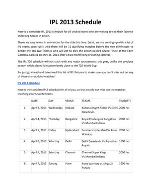 IPL 2013 Schedule
