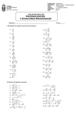 Guia 4. Racionalizacion y ecuaciones irracionales
