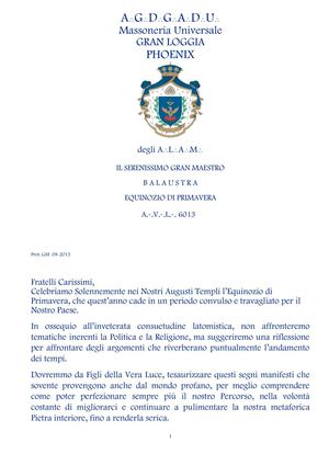 Balaustra Equinozio di Primavera 2013 E.V. Gran Loggia Phoenix degli ALAM ®