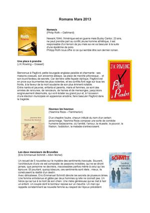 Nouveautés romans - documentaires mars 2013