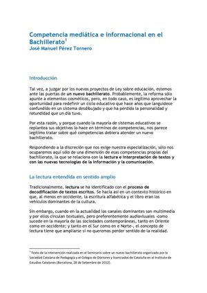 Nueva alfabetizacion para un nuevo bachillerato - J. M. Perez Tornero