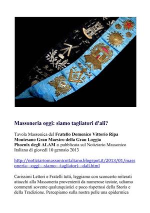 Tavola Massonica del Fratello Domenico Vittorio Ripa Montesano Gran Maestro della Gran Loggia Phoenix degli ALAM ®          