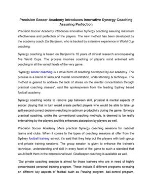 Precision Soccer Academy Introduces Innovative Synergy Coaching Assuring Perfection