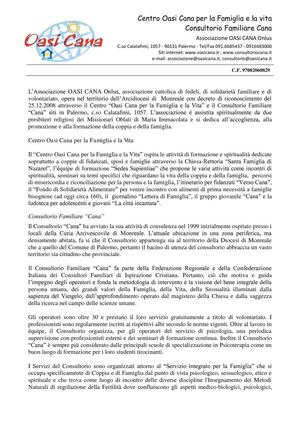 Scheda di presentazione del Centro Persona, famiglia e Vita dell'Associazione Oasi Cana onlus