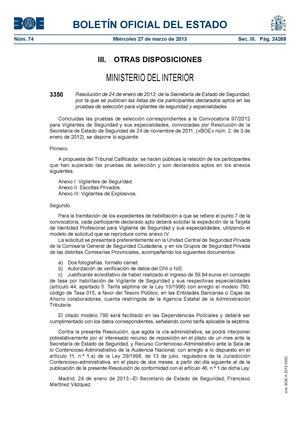 Resolución de 24 de enero de 2013, de la Secretaría de Estado de Seguridad, 