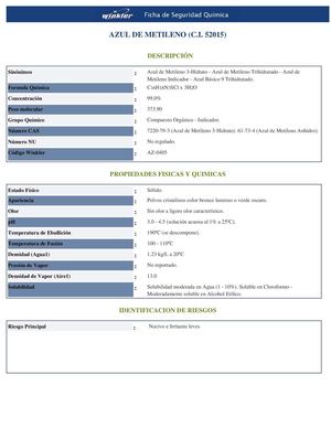 Tarjeta de emergencia del azul de metileno 