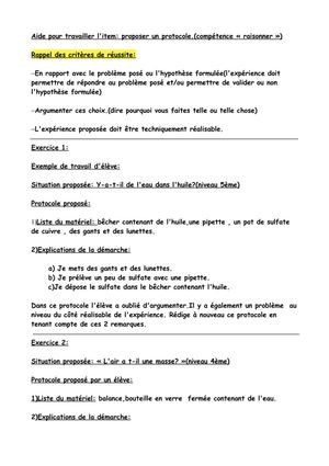 Critères retenus pour l'évaluation d'un protocole expérimental