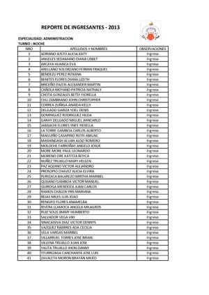RELACION DE ALUMNOS INGRESANTES TURNO NOCHE