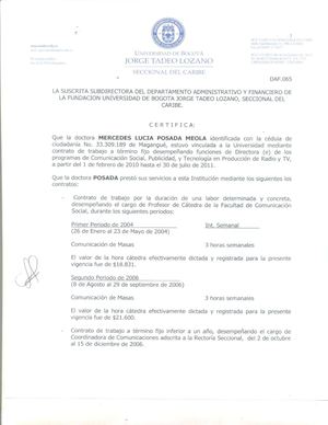 Certificado Experiencia laboral y docente en La TAdeo Mercedes Posada Meola