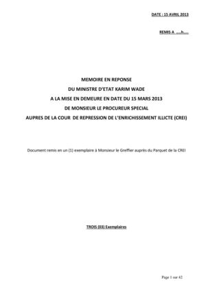 MEMOIRE EN REPONSE DU MINISTRE D’ETAT KARIM WADE A LA MISE EN DEMEURE EN DATE DU 15 MARS 2013 DE MONSIEUR LE PROCUREUR SPECIAL AUPRES DE LA COUR DE REPRESSION DE L’ENRICHISSEMENT ILLICTE (CREI) 