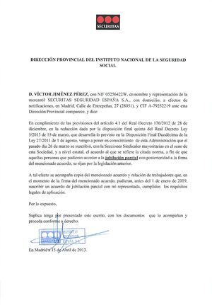Escrito presentación al INSS sobre jubilación parcial