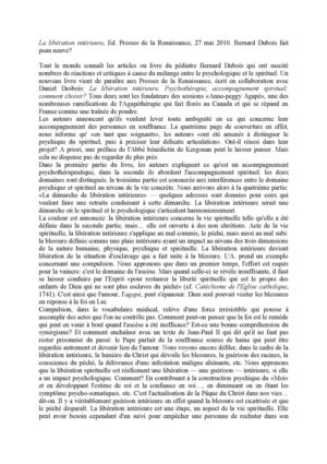 La libération intérieure, Ed. Presses de la Renaissance, 27 mai 2010. Bernard Dubois fait peau neuve?