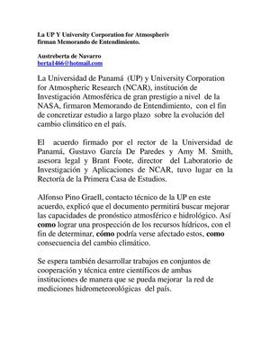 Carta de Entendimiento de la UP con  Centro de Investigación de los Estados Unidos