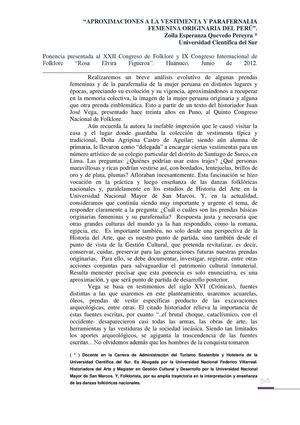 Aproximaciones a la vestimenta y parafernalia originaria femenina del Peru