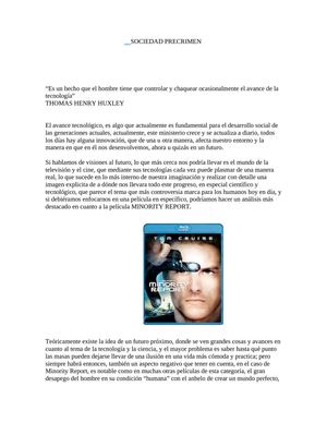 ensayo sobre pelicula minority report, el avance tecnológico y su influencia.