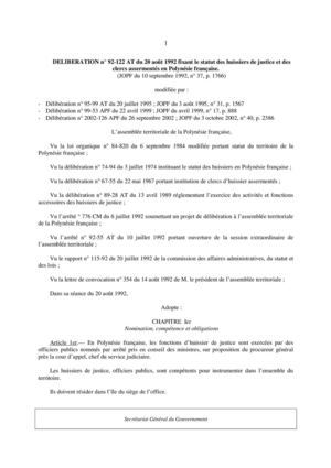 Statut général des huissiers: délibération n° 92-122 AT du 20 août 1992 fixant le statut des huissiers de justice et des clercs assermentés en Polynésie française, modifiée