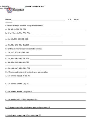 Guía con nota 7º "números Enteros"