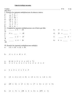 Guía de trabajo con nota 8°. "Multiplicación en Z"