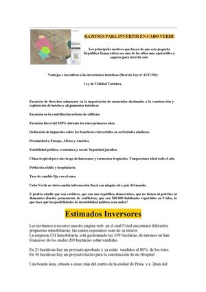 COMPRE TERRENOS EN CABO VERDE : GRAN OPORTUNIDADE DE NEGOCIOS