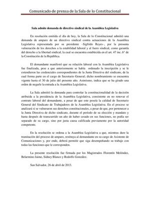 Comunicado - directivo sindical de la Asamblea Legislativa