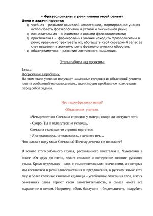 Урок русского языка: Фразеологизмы в речи членов моей семьи