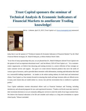 Trust Capital sponsors the seminar of Technical Analysis & Economic Indicators of Financial Markets to ameliorate Trading knowledge!
