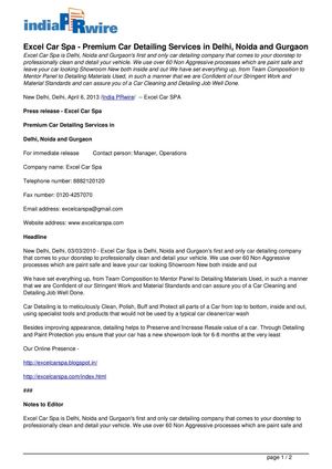Indiaprwire - Press Release for Excel Car Spa - Car Detailing Services in Delhi, Noida and Gurgaon