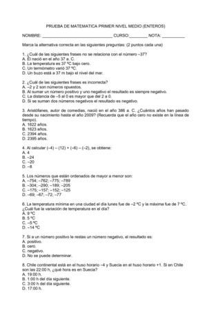 prueba de enteros primer nivel medio adultos