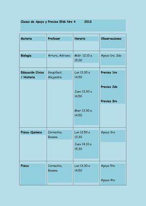 Horario de las clases de Apoyo- contraturno