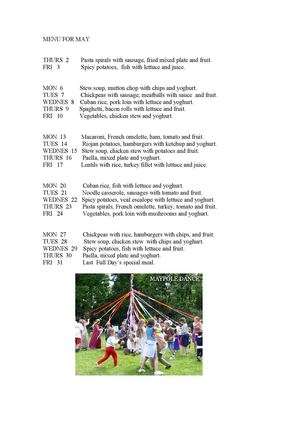 MENU FOR MAY