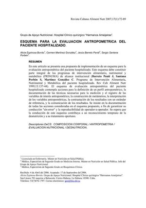 ESQUEMA PARA LA EVALUACION ANTROPOMETRICA DEL PACIENTE HOSPITALIZADO.