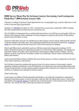 HBR Survey Shows Pay for In-house Lawyers Increasing, LawCrossing.com Finds Over 7,000 In-house Lawyer Jobs 