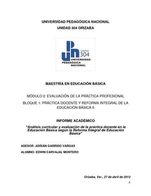 “Análisis curricular y evaluación de la práctica docente en la Educación Básica según la Reforma Integral de Educación Básica” 