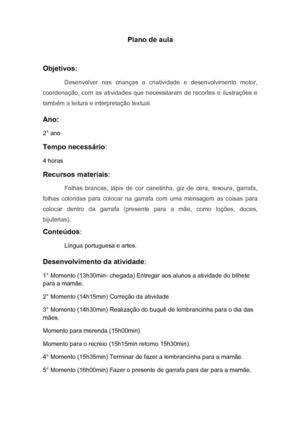 Plano de aula para dia das mães