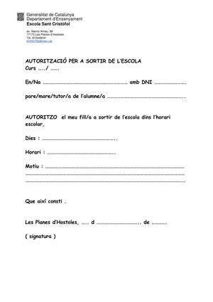 autorització per sortir de l'escola